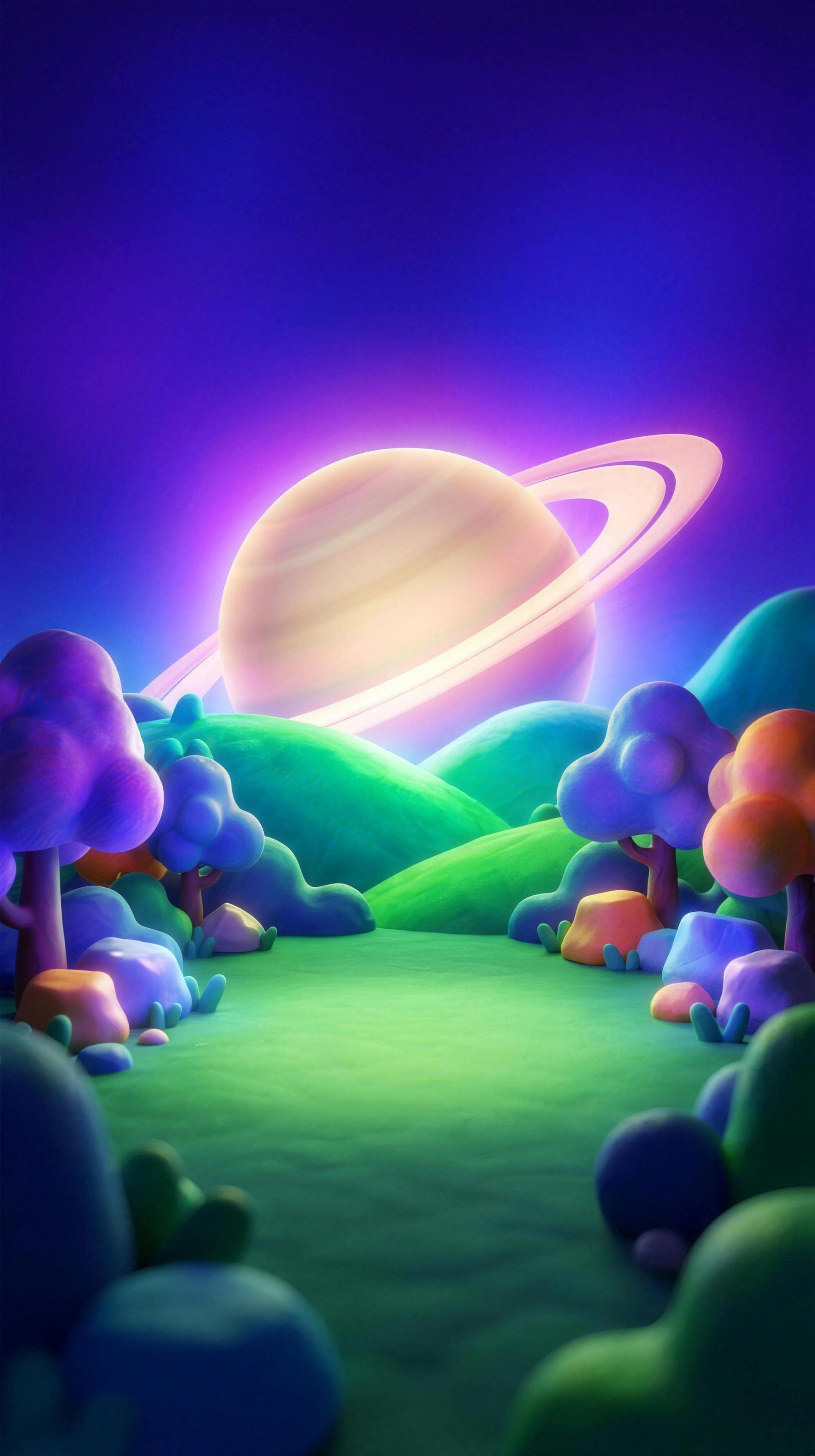 AVOR's planet: soft hills and trees under a ringed world